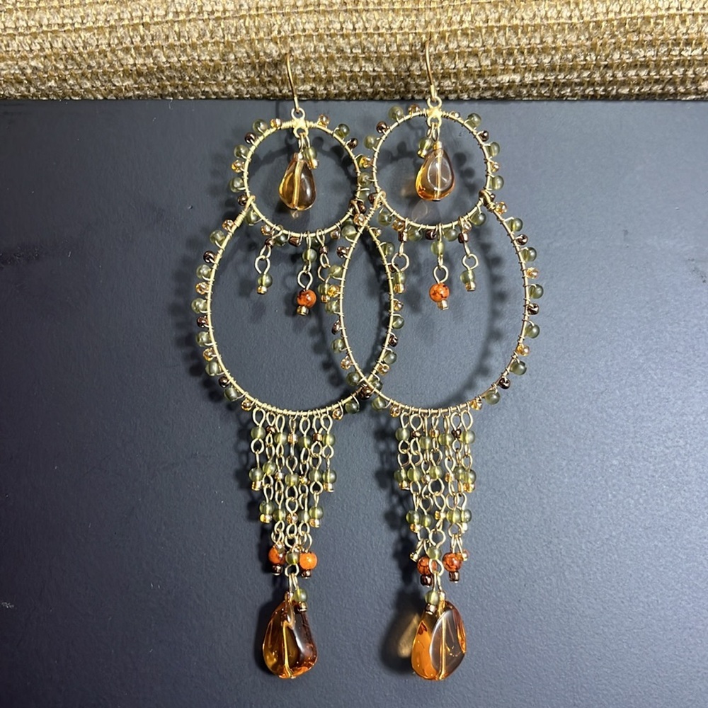 Bohemian Faux Amber & Green Wire Wrapped Long Chandelier Fringe Dangle Earrings